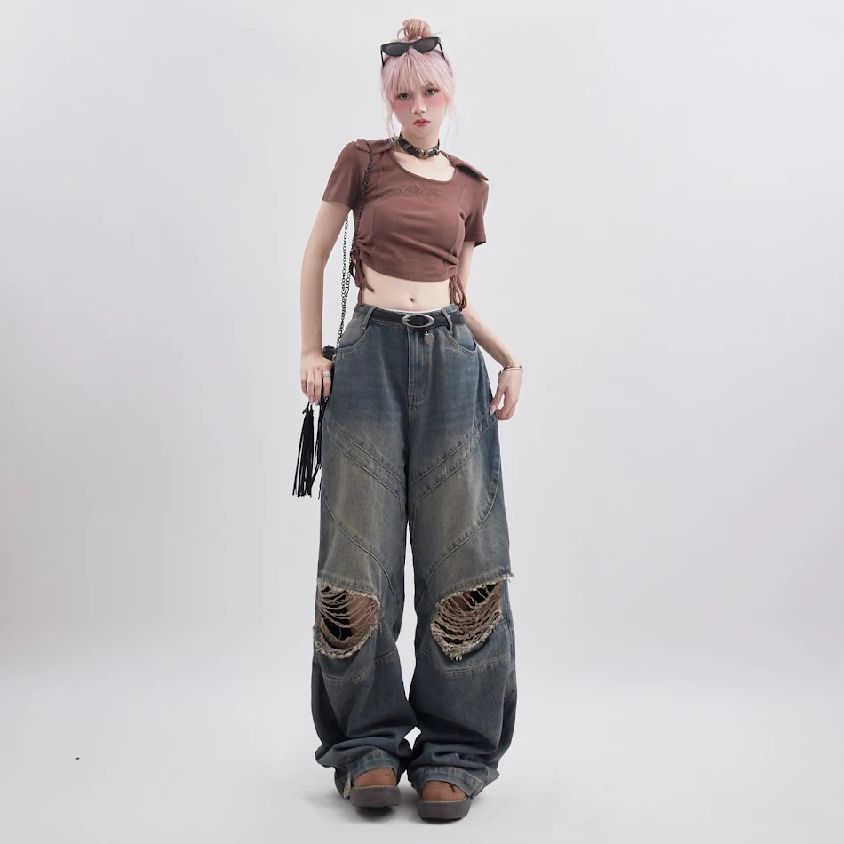 Kadın Retro Tarzı Yırtık Detaylı Gevşek Bol Kesim Casual Düz Pantolon. Rahat ve şık görünüm için ideal seçim.