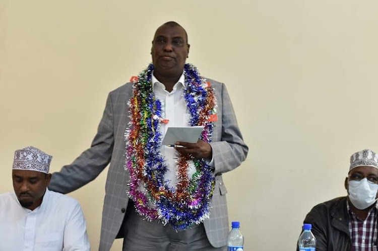 Mohamed Bardad speaking after being endorsed by a splinter group to run for the Mandera North parliamentary seat.