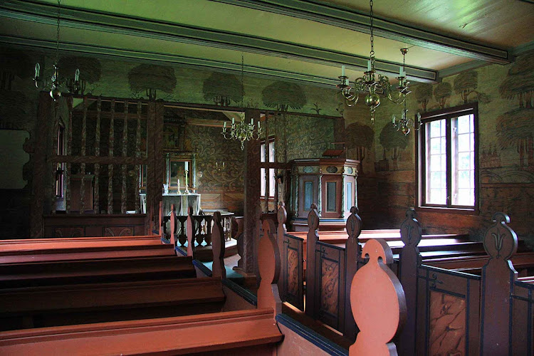 The interior of Flam Church on Aurlandsfjord in Norway.