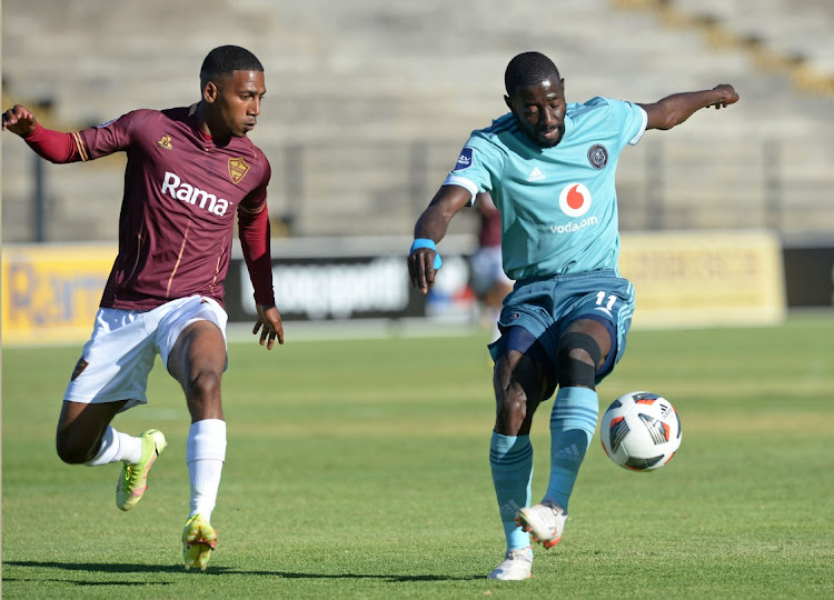 Deon Hotto of Orlando Pirates is challenged by Deano van Rooyen of Stellenbosch FC during the DStv Premiership 2021/22 game between Stellenbosch and Orlando Pirates.