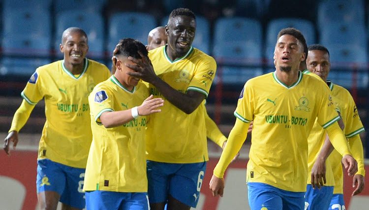 Mamelodi Sundowns players celebrate with new recruit Marcelo Allende after he scored the third goal in their DStv Premiership 0 win over Stellenbosch FC at Loftus Versfeld on August 24 2022.