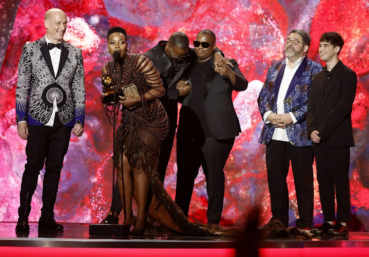 Nomcebo Zikode accepts the Best Global Music Performance award for "Bayethe" onstage during the 65th Grammy Awards Premiere Ceremony at Microsoft Theater in Los Angeles, California.