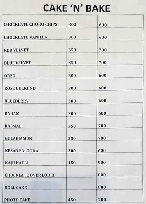 Cake N Bake menu 