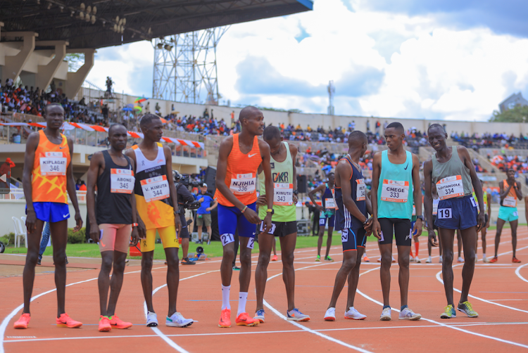 Male athletes competing during the Absa Kip Keino Classic sponsored by Absa Bank, at the Nyayo National Stadium on April 20, 2024.