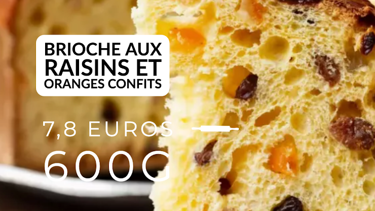 Ingrédients : farine de blé bio T80, oeufs bio, beurre bio, sucre de canne bio, raisins et oranges confits, du  levain naturel de blé bio, sel de Guérande, eau. La brioche est cuite au four à feu de bois.