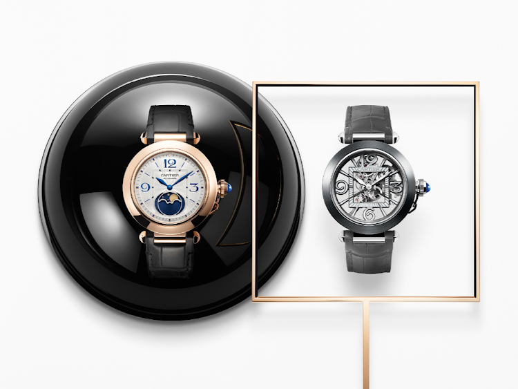 The Moon Phase Pasha de Cartier in rose gold (left) and the Skeleton Pasha de Cartier in steel.