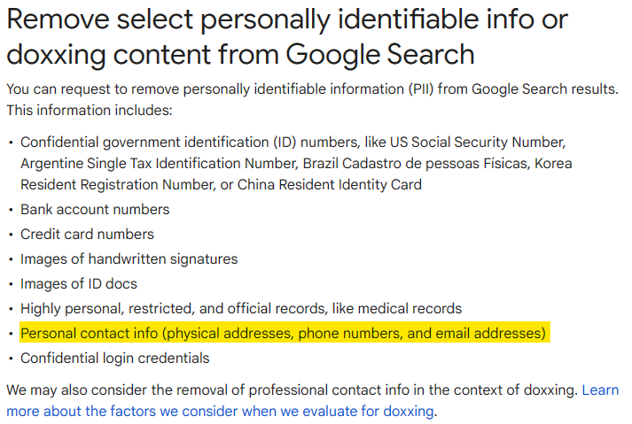 "Remove select personally identifiable info or doxxing content from Google Search" document 