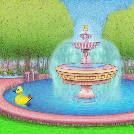 a duckling in a park fountain