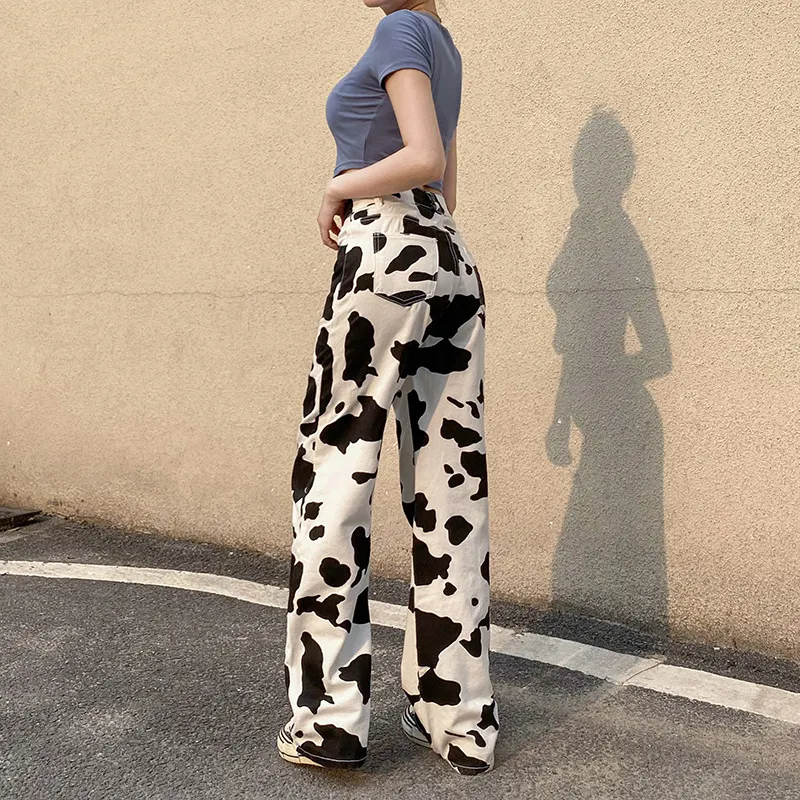 Jeans estampados de vaca blanco y negro para mujer Estilo europeo y americano Pantalones rectos de moda Comodidad y tendencia para tu armario