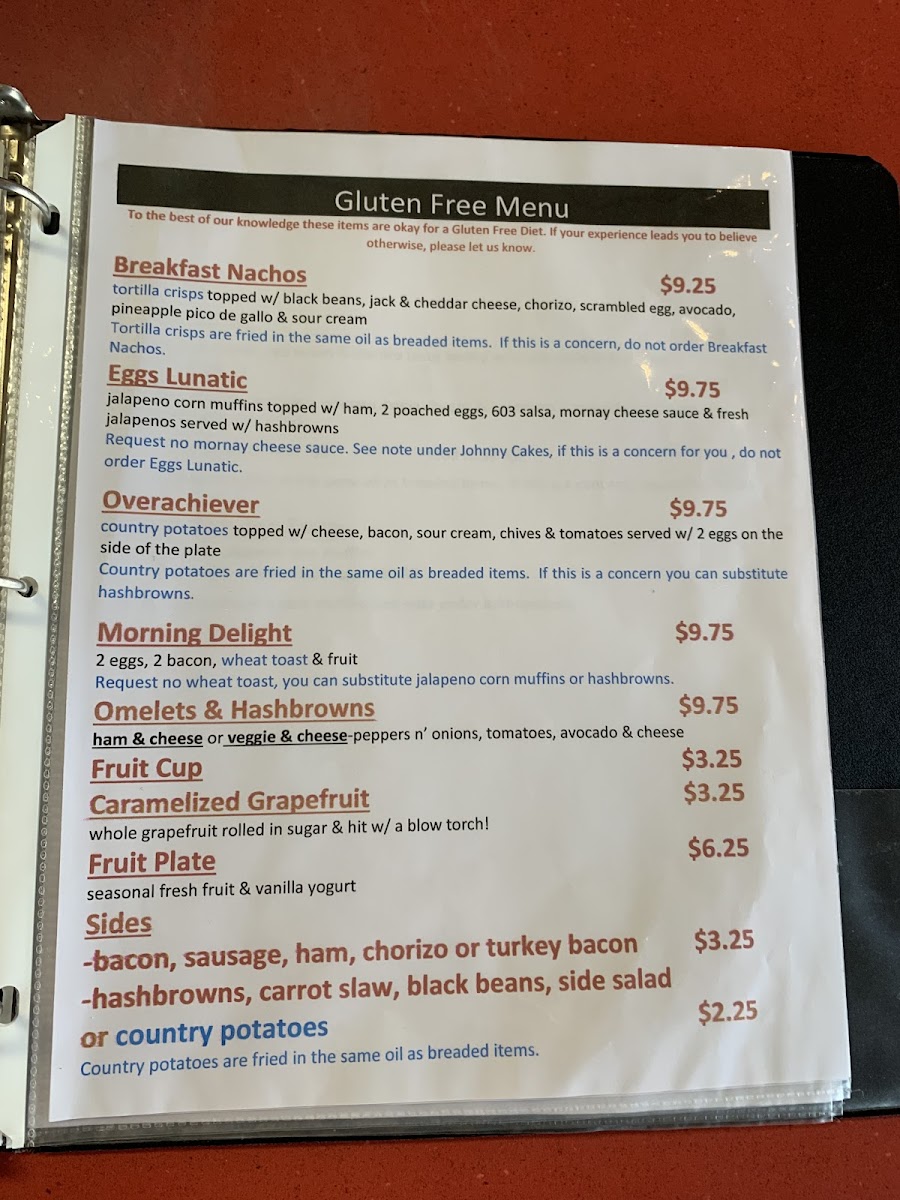 Gluten Free Breakfast Menu