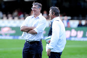 The Cell C Sharks chief executive Gary Teichmann (L) shares a light moment with his head coach Robert du Preez (R) ahead of their Super Rugby game against the Emirates Lions at Kings Park, Durban on June 30 2018. The Durban side travel to Christchurch in New Zealand for a tough Super Rugby quarter-final match against the Crusaders on Saturday July 21 2018. 