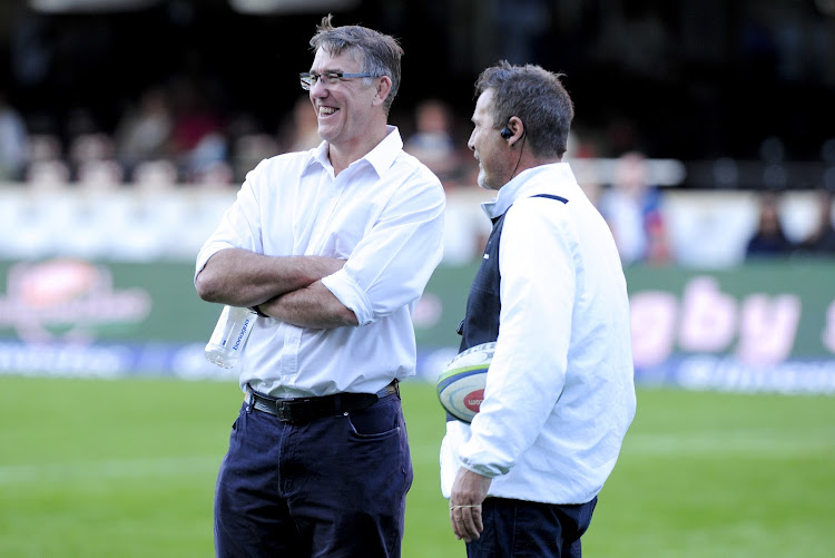 The Cell C Sharks chief executive Gary Teichmann (L) shares a light moment with his head coach Robert du Preez (R) ahead of their Super Rugby game against the Emirates Lions at Kings Park, Durban on June 30 2018. The Durban side travel to Christchurch in New Zealand for a tough Super Rugby quarter-final match against the Crusaders on Saturday July 21 2018.