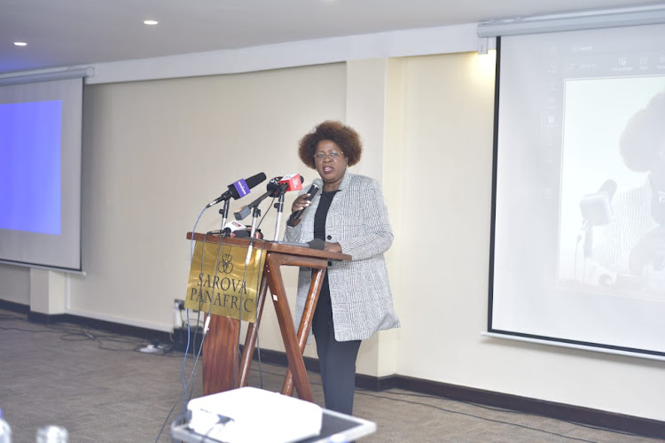 Cabinet Secretary for Water, Sanitation and Irrigation Alice wahome gives a speech during a meeting with potential investors in the 100 Dams Initiative on May 18, 2023.