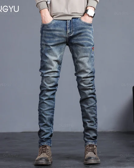 2024 New Four Seasons Men's Jeans Vintage Blue Solid Colo... - 0