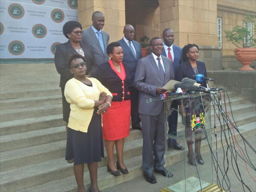 Chief Justice David Maraga addresses the press after chairing a Judicial Service Commission meeting at the Supreme Court in Nairobi, September 19, 2017. /CAROLE MAINA