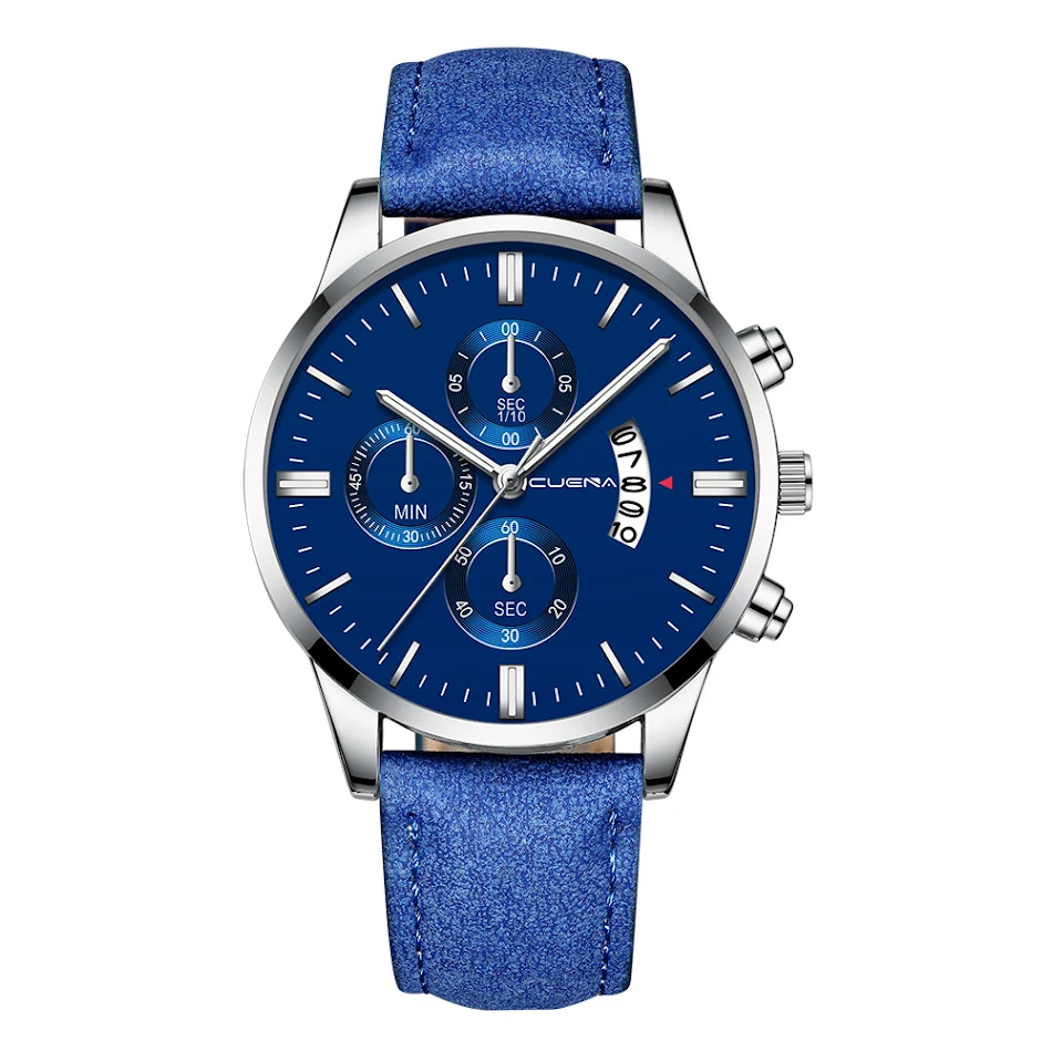 Heren business horloge met drie ogen, zes-punts schaal en kalender voor een professionele en stijlvolle uitstraling.