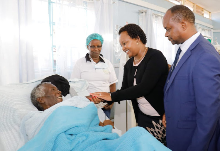 Kirinyaga Governor Anne Waiguru and deputy Peter Ndambiri at Kerugoya Hospital on Wednesday, May 15, 2019.