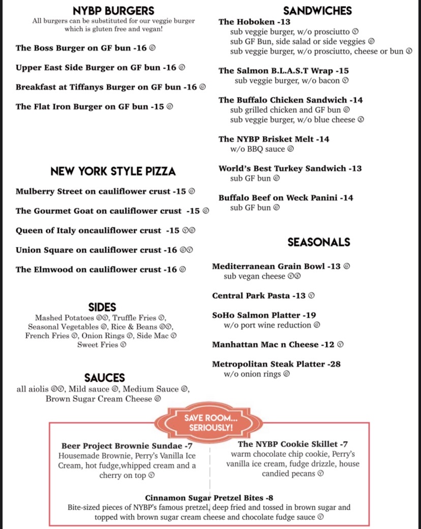 New York Beer Project gluten-free menu