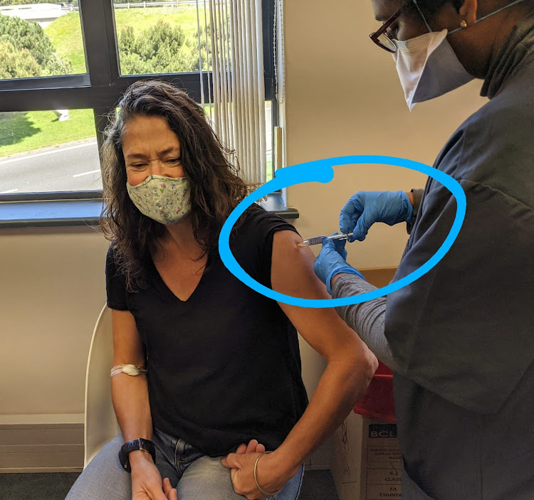 Writer Claire Keeton gets a shot of of the Oxford-AstraZeneca vaccine - or a placebo - in a Covid-19 vaccine trial at the UCT Lung Institute.