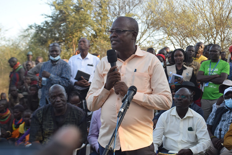 Turkana Governor Jeremiah Lomorukai addresses Karamoja and Turkana communities in Kobebe, Uganda