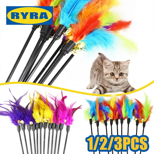1/2/3PCS Cat Toys Random Color Cat Stick Feather Cat Toy with Small Bell Kitten Cat Interactive Toys Cat Supplies Pet Pr