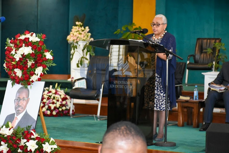 First Lady Margaret Kenyatta during the service of the late lawyer Evans Monari at SDA Church, Nairobi on October 14, 2021. PHOTO/MERCY MUMO