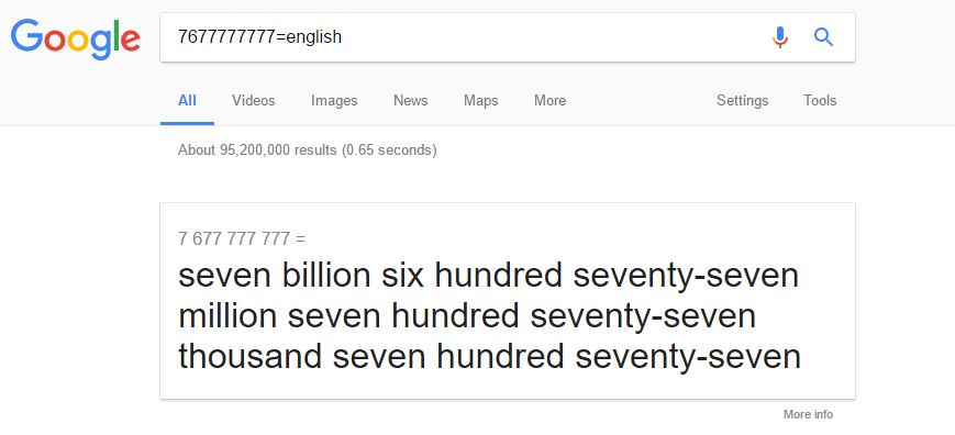 Screenshot of search result for “7677777777=english”