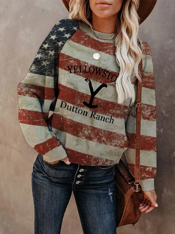 Damska bluza z nadrukiem Yellowstone Dutton Ranch, wygodna i modna. Idealna dla fanek serialu, zapewniająca ciepło i świetny wygląd.