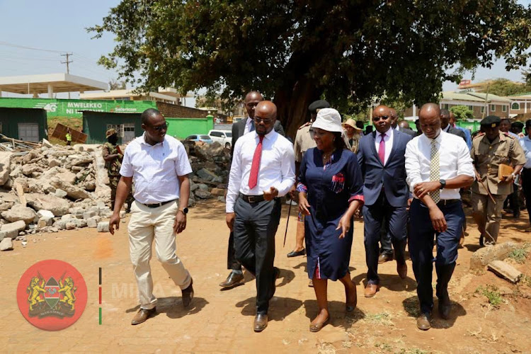 Internal Security Principal Secretary Raymond Omollo with other officials during a physical tour of the Moi Stadium in Embu on February 21,2023.