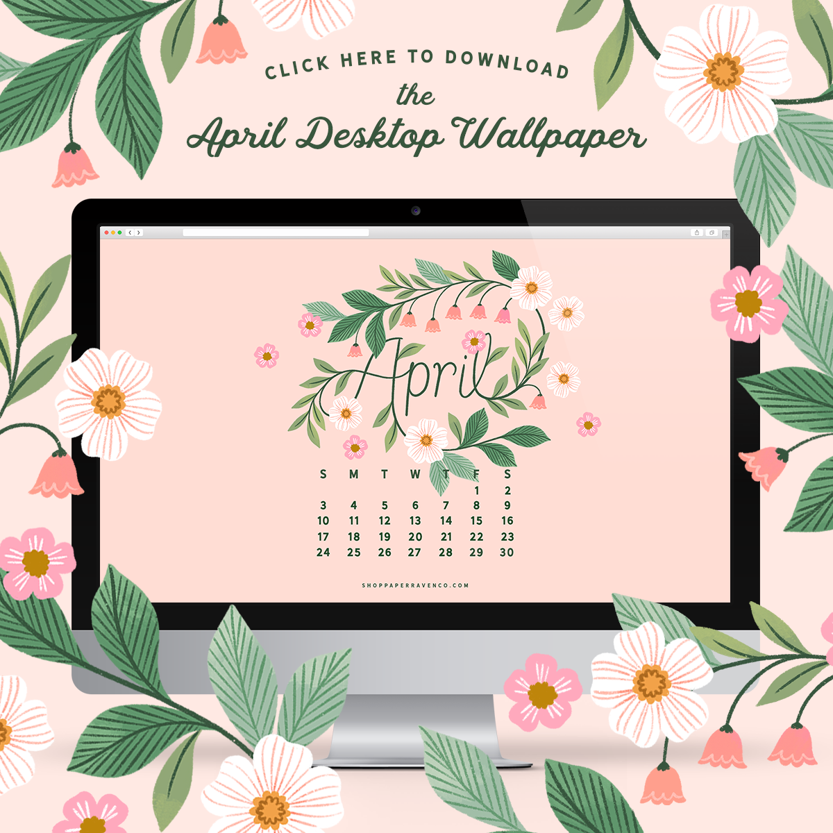 April 2022 Illustrated Desktop Wallpaper by Paper Raven Co. #dressyourtech #desktopwallpaper