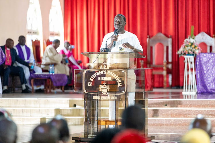 Azimio leader Raila Odinga speaking during the 30th anniversary of Jaramogi Oginga Odinga held at Ofafa Memorial Hall in Kisumu, January 20, 2024.