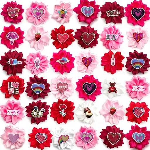 50/100pcs Valentine's Day Puppy Dog Yorkshire Hair Bows Rubber Bands Dog Hair Accessories Flowers Grooming Bows for Pet 