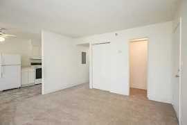 Living room with neutral carpet, coat closets, white walls and trim