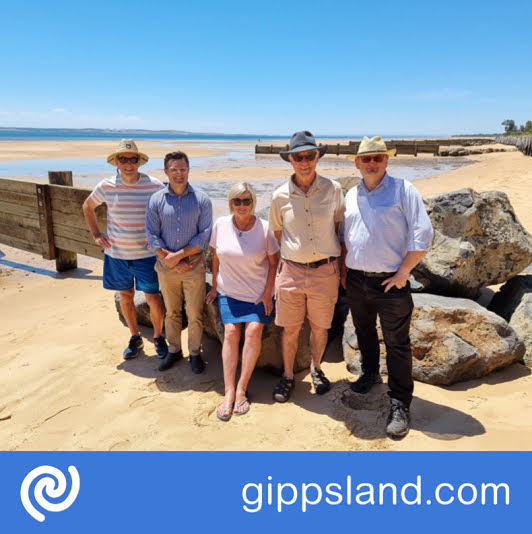 From left, Ken Hailey, Chairman of Cowes East Foreshore Preventative Action Group, James Stirton, General Manager Place Making, Meredith Lynch, Cowes East Foreshore Preventative Action Group, Bass Coast Shire Mayor, Cr Michael Whelan and James Kelly, Manager Infrastructure Delivery