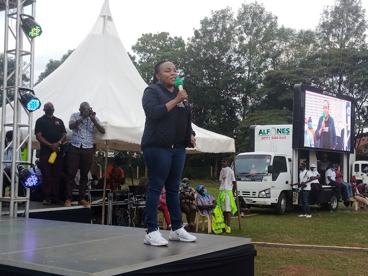 County woman representative Wangui Ngirici giving her remarks in the meeting held at Gichugu