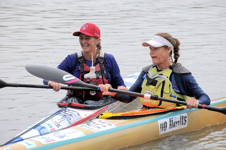 Lorna Oliver, red cap, and Debbie Lewis finished the 2023 Dusi together. Picture: SUPPLIED