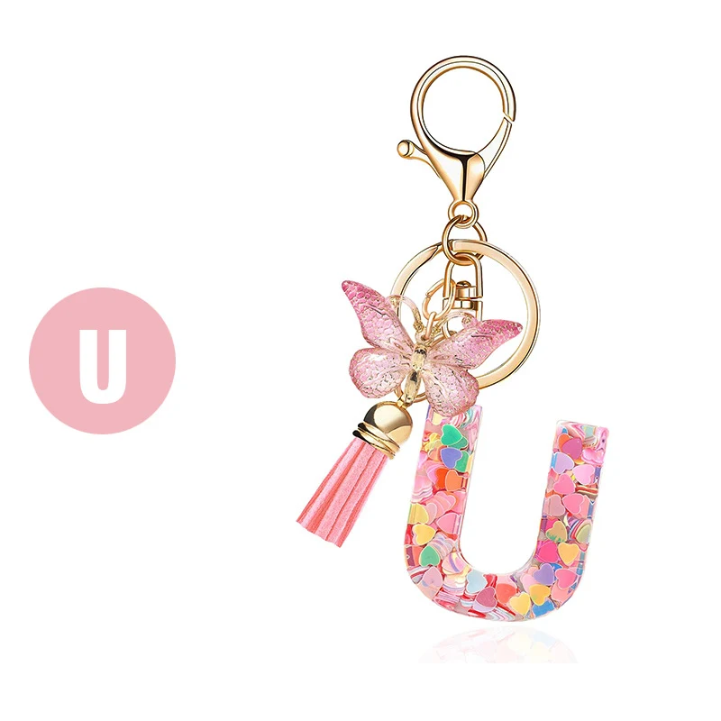 Mode sleutelhanger met letters, liefde, hart, pailletten, vlinder en kwast – Een stijlvolle accessoire voor sleutels of tassen, voegt glans en flair toe.