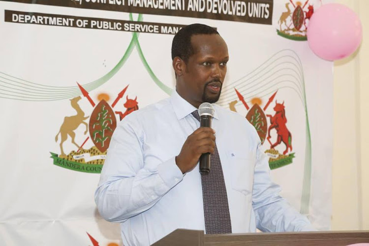 Mandera Governor Ali Roba during the launch of a biometric registration for staff at County Conference Hall in Mandera town on Thursday April 11, 2019