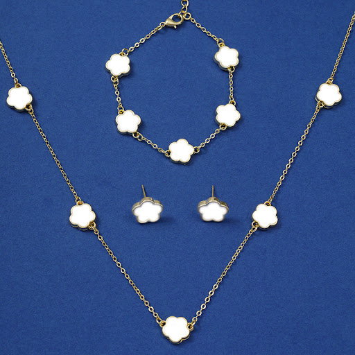 Title 3, Lucky Five Petal Flower Ear Stud Necklace Brace...