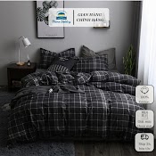 Bộ 4 Món Chăn Ga Gối Đệm Poly Cotton Họa Tiết Caro Đen Phong Cách Hàn Quốc, Drap Giường Ra Nệm Bo Chun Otama Bedding