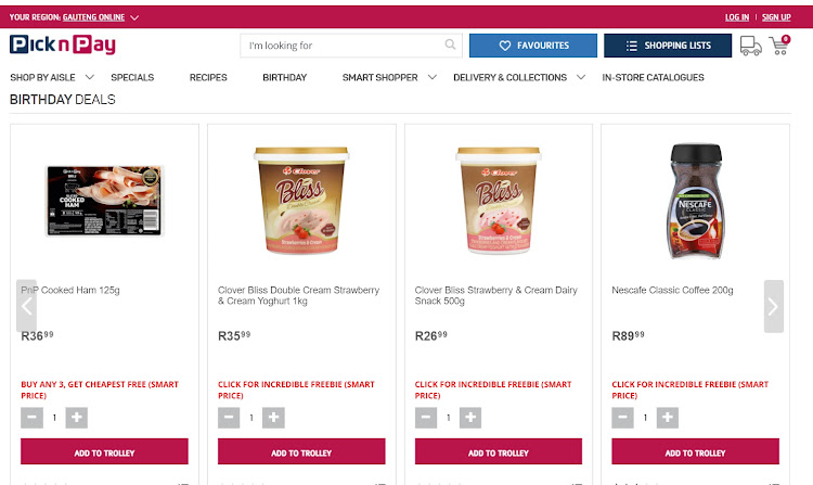 A screengrab of the Pick n Pay website.