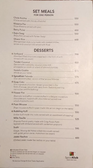 SpiceKlub menu 