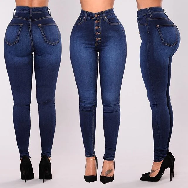 Pantalon en jean slim taille haute extensible, pour une silhouette affinée et un confort optimal. Adoptez un look tendance et une liberté de mouvement.