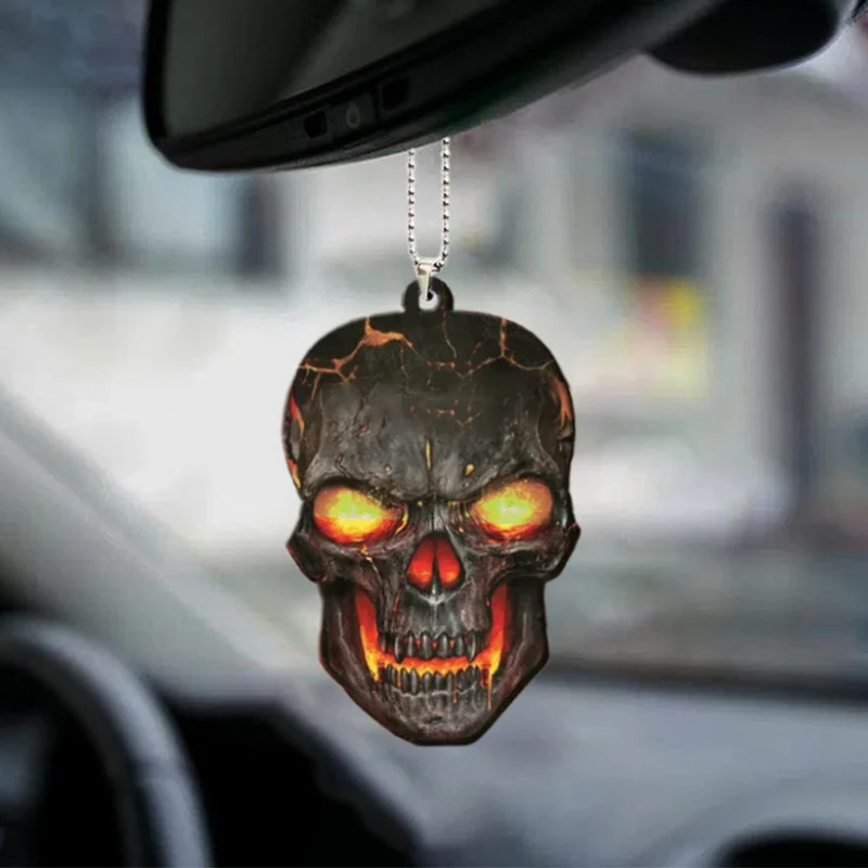 Halloween Skull Car Pendant Acrylic Flat Ornament, easily hang and decorate your car with this spooky and festive vehicl