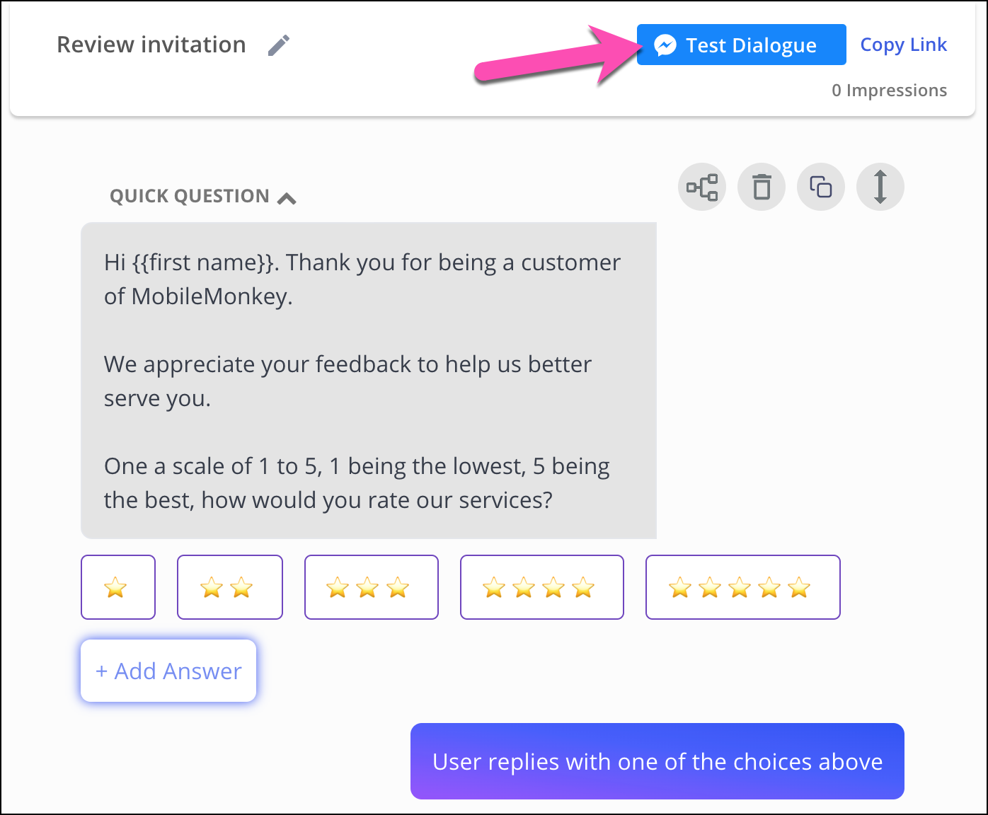 click the test dialogue button to quality check your review bot