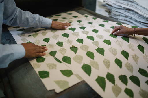 Leaf - impressioned handmade paper in the making