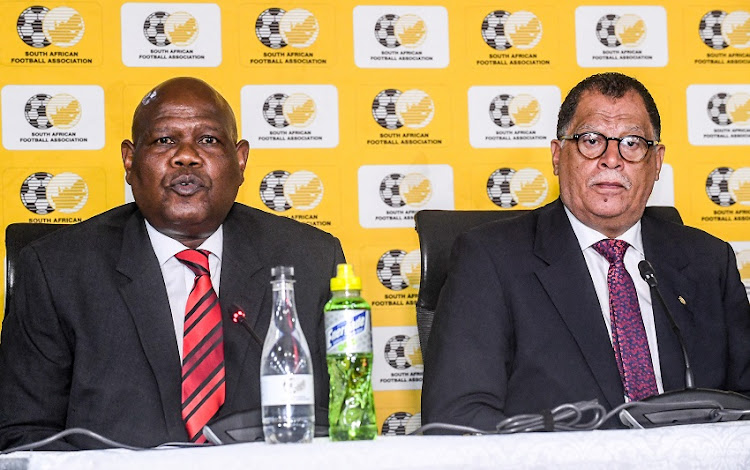 Guye Mokoena (acting CEO) of SAFA and Danny Jordaan (president) of SAFA announce the withdrawal of the South African futsal team from an AFCON event taking place in Morocco, citing political reasons for withdrawal during the SAFA special announcement press conference at SAFA House on January 15, 2020 in Johannesburg, South Africa.