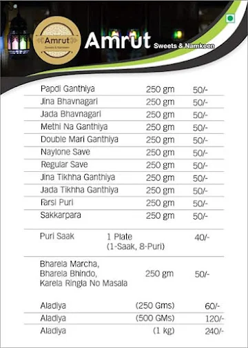 Amrut Sweets Namkeen & Dairy Farm menu 