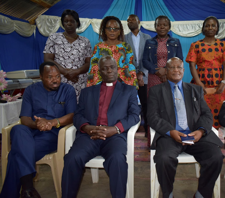 from left seated: re-known musician, Pastor Faustin Munishi, Bishop Geoffrety Buliba of the Christian Brotherhood Church and East African Christian Alliance chairman, Richard Kivai.