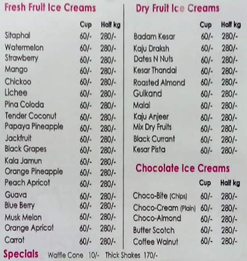 Tender Fresh Ice Creams menu 